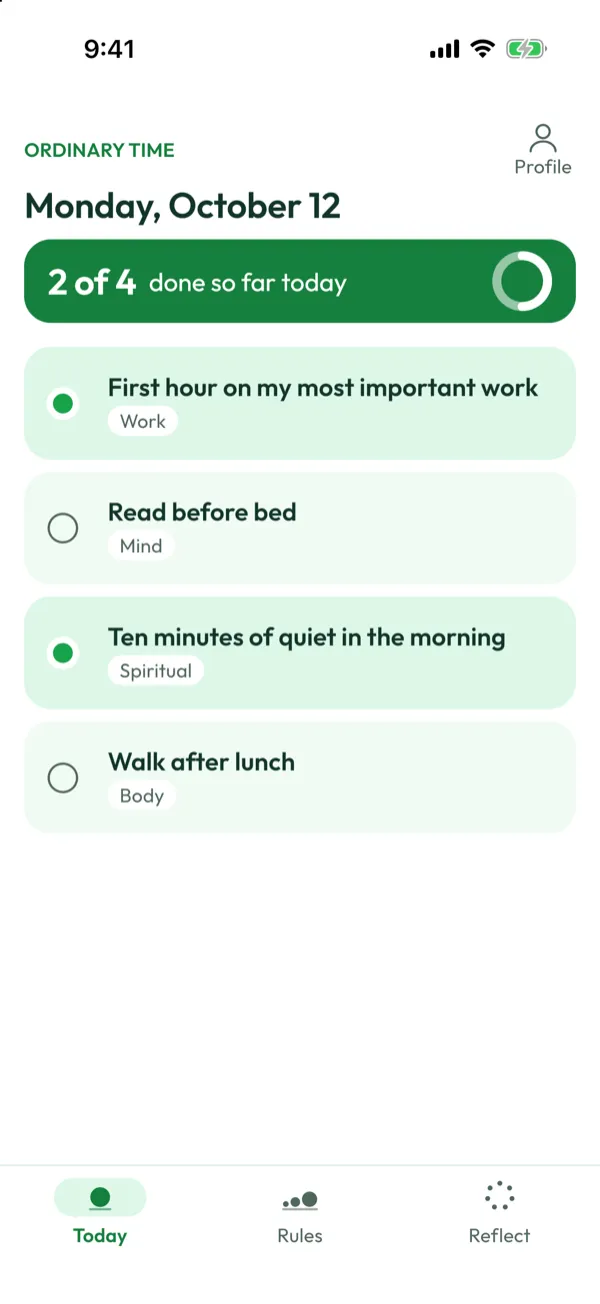The Today screen: four Rules for the day, two of them done.